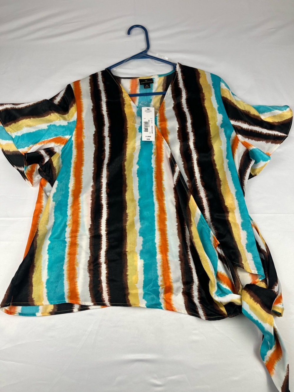 Worthington Striped V-Neck Blouse - Teal, Orange, Black & Yellow